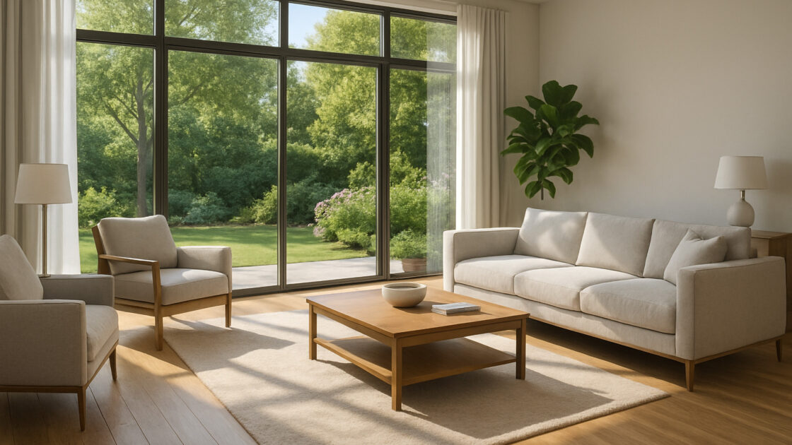 Bright Open-Plan Living Room with Large Windows